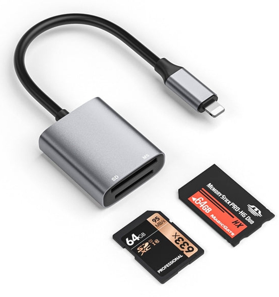 NÖRDIC Lightning Kaartlezer - SD Kaart lezer - MS Kaart lezer - Geschikt voor Smartphone & Tablet - Grijs