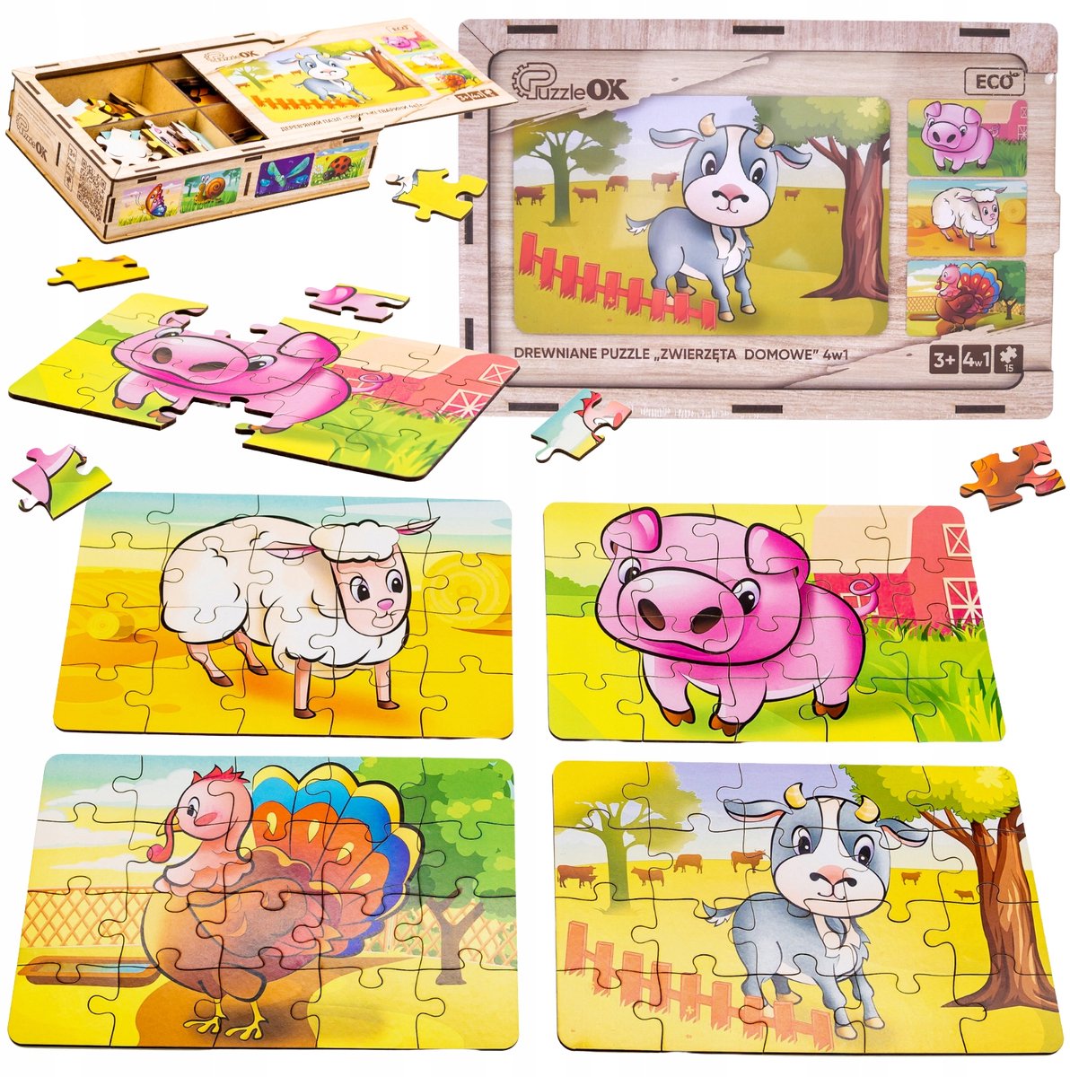 Houten Boerderij Dieren Puzzel Set 4-in-1