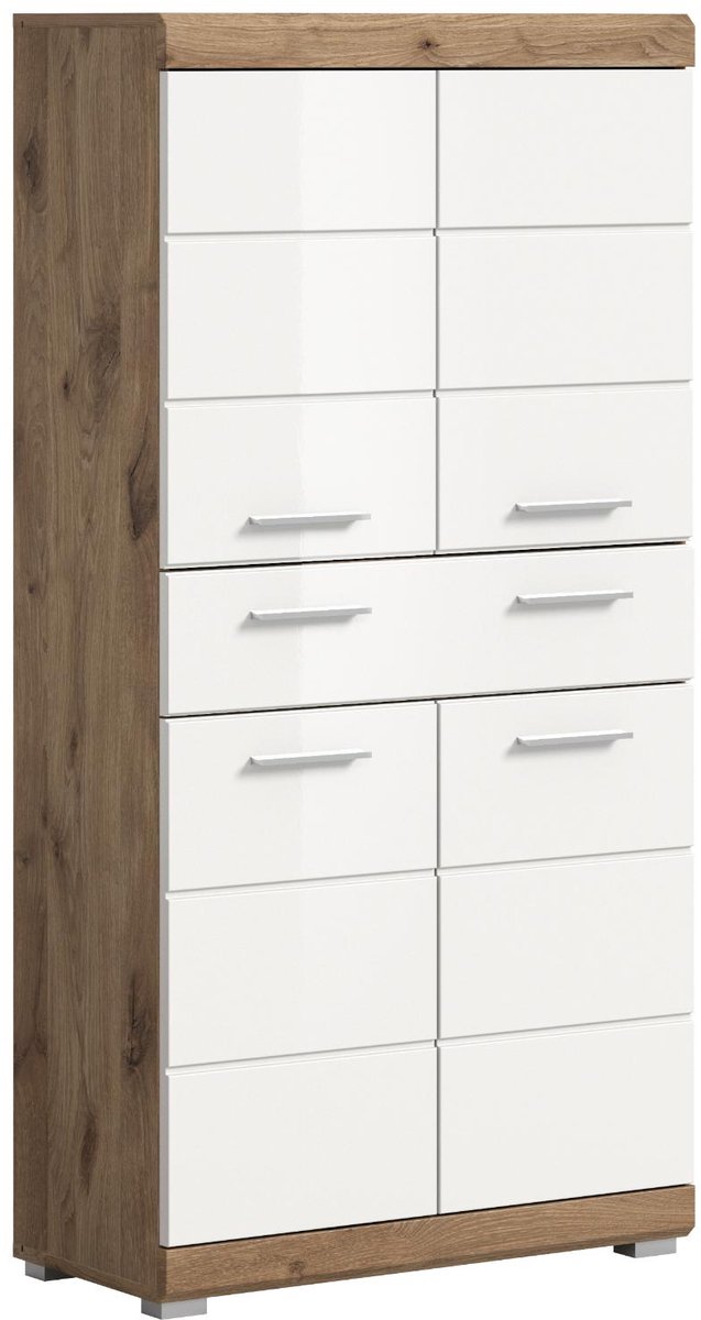 Wave badkamerkast 4 deuren, 1 lade wit hoogglans, eiken decor.
