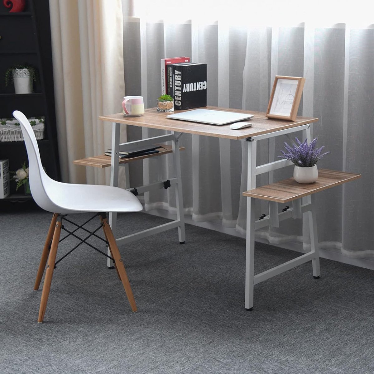 Modern Houten Thuiskantoorbureau met 4 Open Planken en 2 Lades – Schrijftafel en Werkstation 120x45x164cm – Novihome