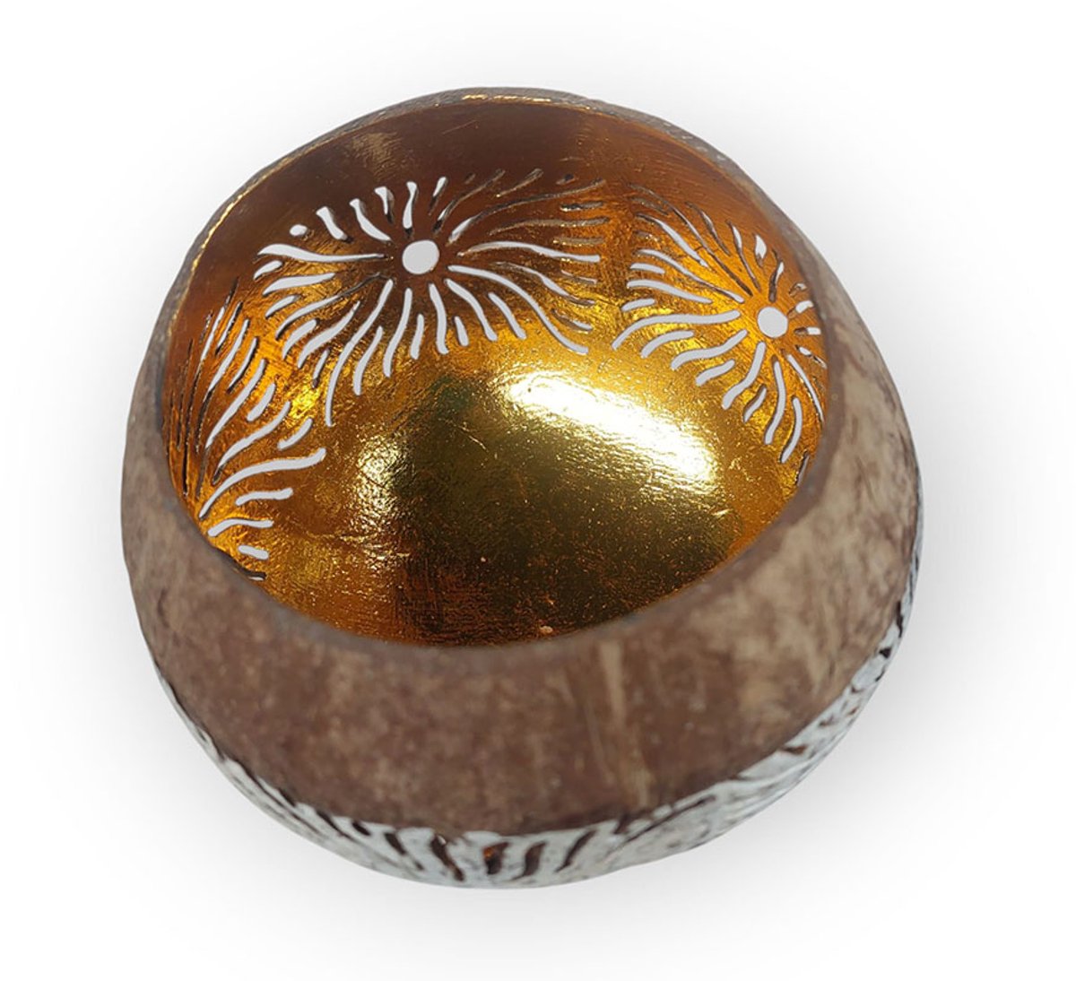 Floz Design waxinelichthouder kokosnoot en goud - woonaccessoire rond kerst - geeft licht zonder brandende kaars - met brandende kaars een gaaf effect door de openingen - waxinelichtjeshouder feestdagen en kerst
