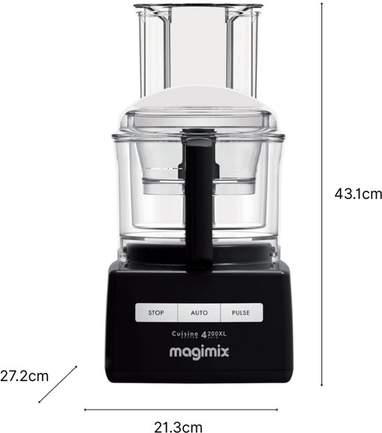 Zwarte Magimix Cuisine 4200XL foodprocessor met afmetingen.