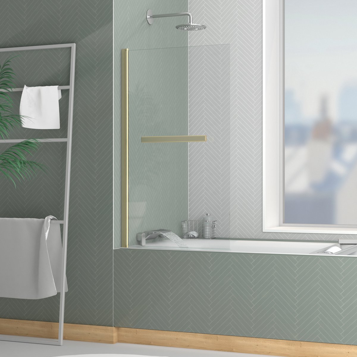 Pare baignoire Rabattable avec porte-serviette 70x120 cm - Profilé Or Brossé - Verre 4 mm