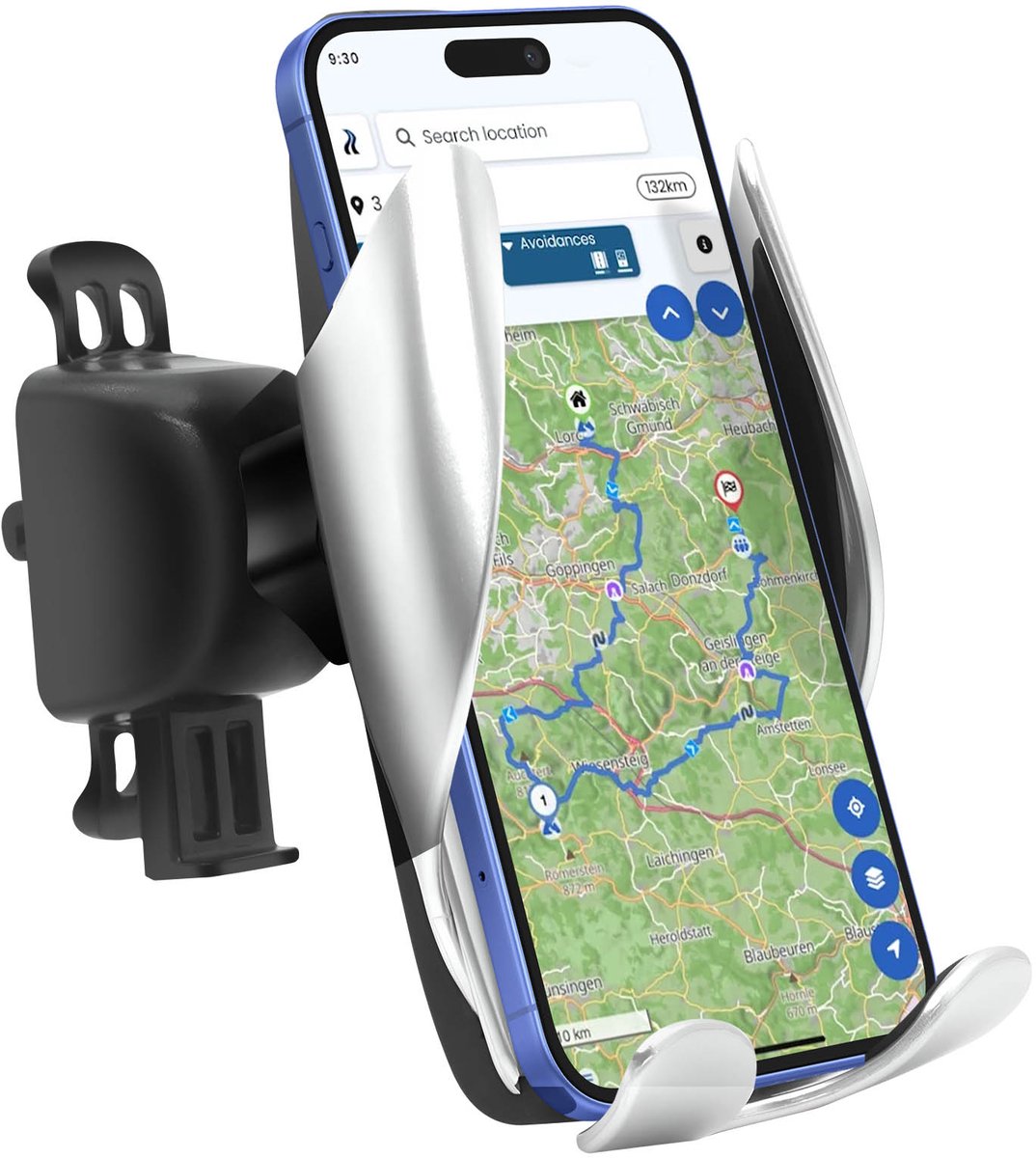 Akashi, Houder voor autotelefoon tot 6,9” met 15W QI Charge, Zwart / Zilver