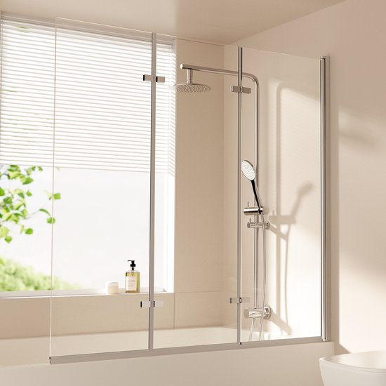 EMKE Paroi de Baignoire - Paroi de Baignoire Pliante en 3 Parties - 130x140 cm - Chrome - Verre de Sécurité Transparent 6 mm - Revêtement Nano - Profilé en Aluminium - Pare-baignoire