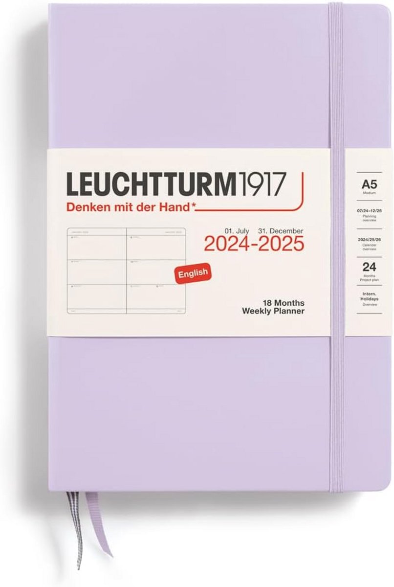 Weekkalender A5 2025 - 18 maanden, hardcover, lila, Engels