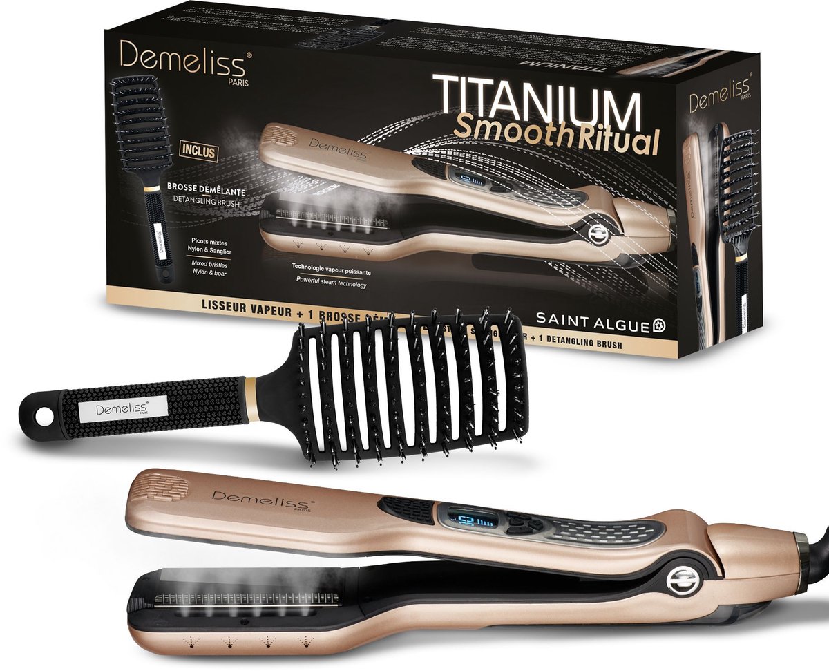 Stoom stijltang - Demeliss TITANIUM SMOOTH RITUAL geschenkset - Ontwarrende borstel - Goud