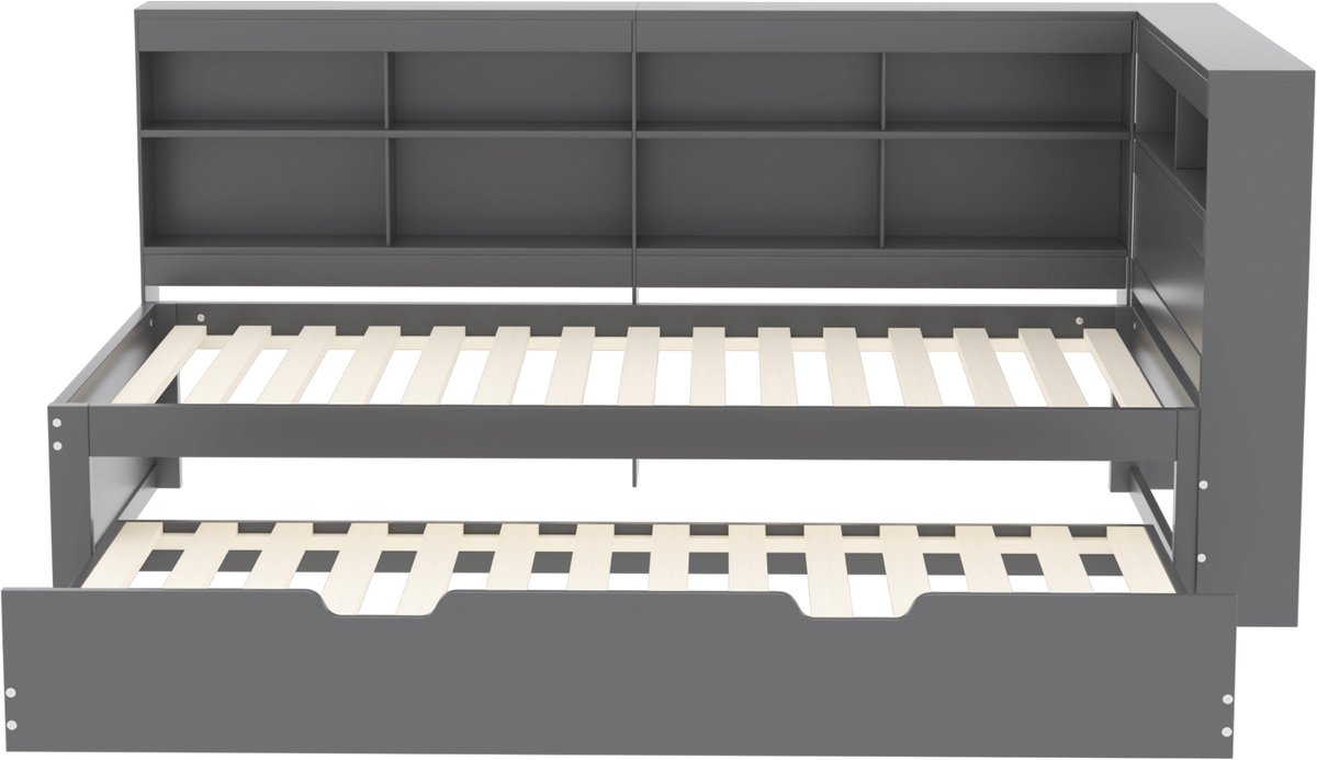 Wishdor Slaapbankbed - Uitschuifbed Met Usb-Aansluiting - Met Opbergvakken - Massief Houten Frame - Grijs - 90 X 200 Cm