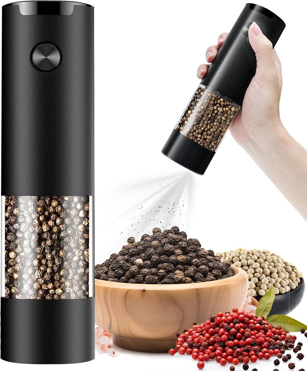Elektrische Peper- of Zoutmolen, Instelbare Korrelgrootte Zout- & Pepermolen, Met LED-Licht, Eenvoudig te Reinigen, Batterijgestuurd, Éénhandbediening, Keukenessentieel (1 Stuk/Zwart)