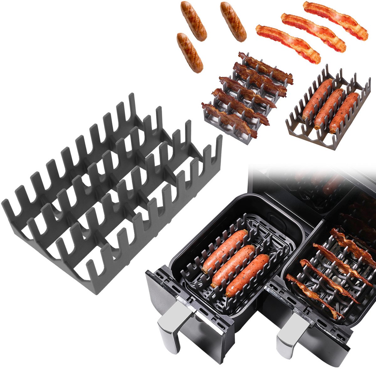 Grijze, rechthoekige, tweedelig airfryer siliconen bacon- en hotdogrek, geschikt voor de airfryer en grillrek voor levensmiddelen, hittebestendige siliconen bak