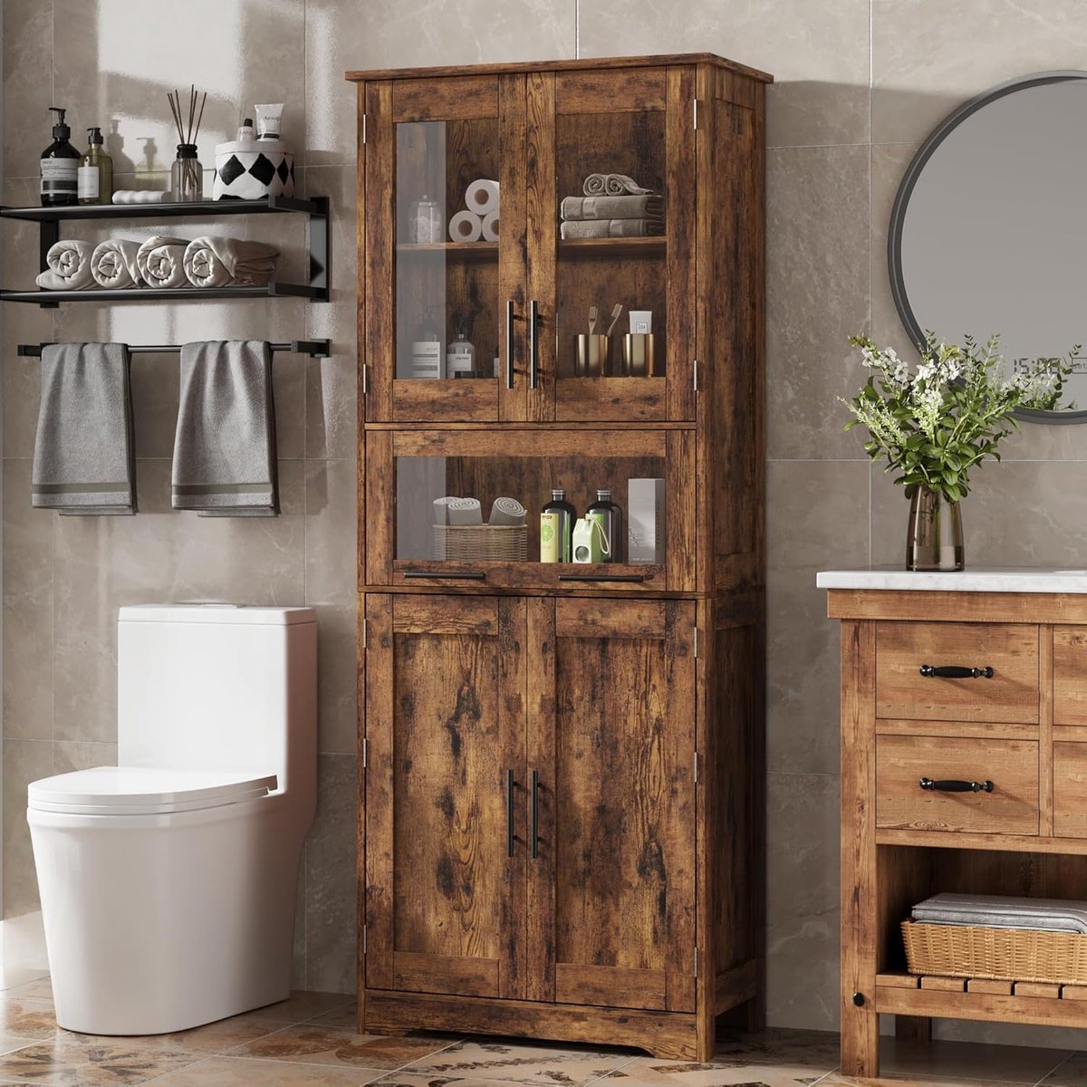Badkamerkast 170 cm – 4 deuren, 1 lade, verstelbare legplanken, glasfronten – 60 x 30 x 170 cm – Vintage bruin