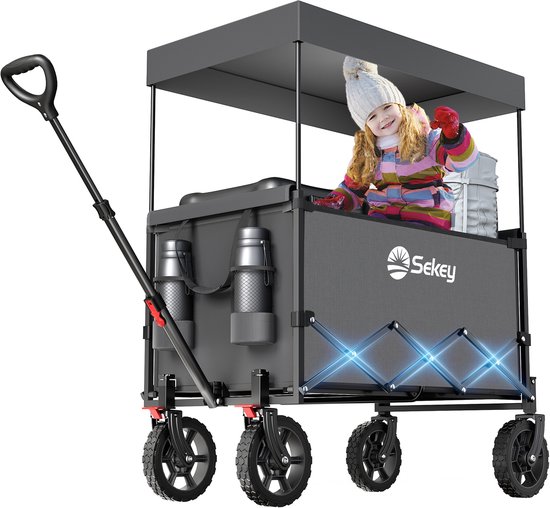 Sekey Opvouwbare Bolderwagen met Dak – 150 kg Draagvermogen – 150L – Handwagen voor Strand, Camping en Uitjes – Grijs