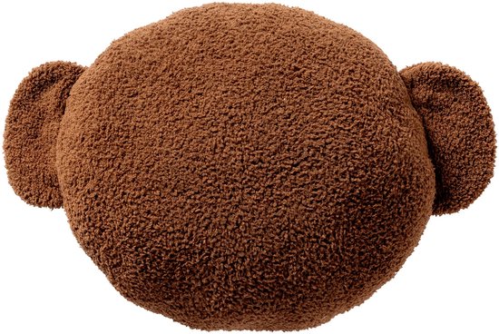 Rond bruin kussen met aap-oren van teddy stof.
