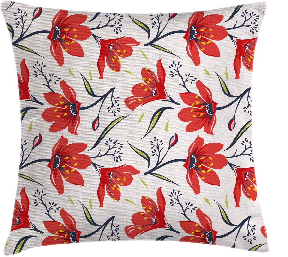 ABAKUHAUS Bloemen Kussenhoes – Vintage Tulpen – 40x40 cm – Wasbaar, Rits, Dubbelzijdig Perzik, Groen en Rood