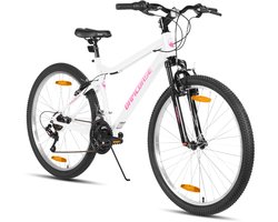 BAMCBASE Lilac Voorvering Mountainbike - 26 inch - Carbonstalen Frame - 18 Versnellingen - Handrem - V-Brake - Spatborden - Wit - Geschikt voor buitenactiviteiten in de lente