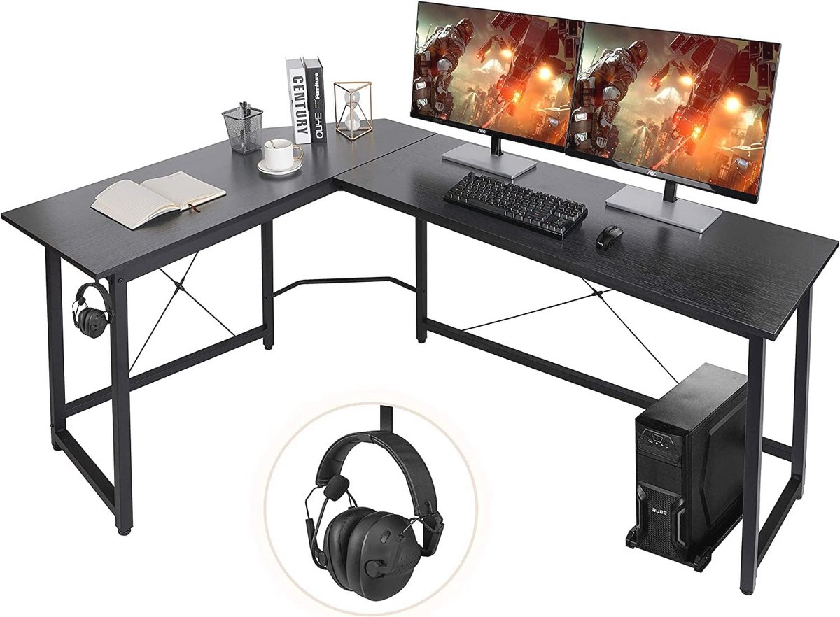 L-vormig bureau 167 cm met ijzeren haken, hoekcomputer- en gamingtafel, ruimtebesparend voor kantoor en thuiskantoor