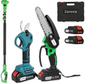Zanora snoeischaar, kettingzaag, telescoopsteel en extra accu's in een opbergkoffer.