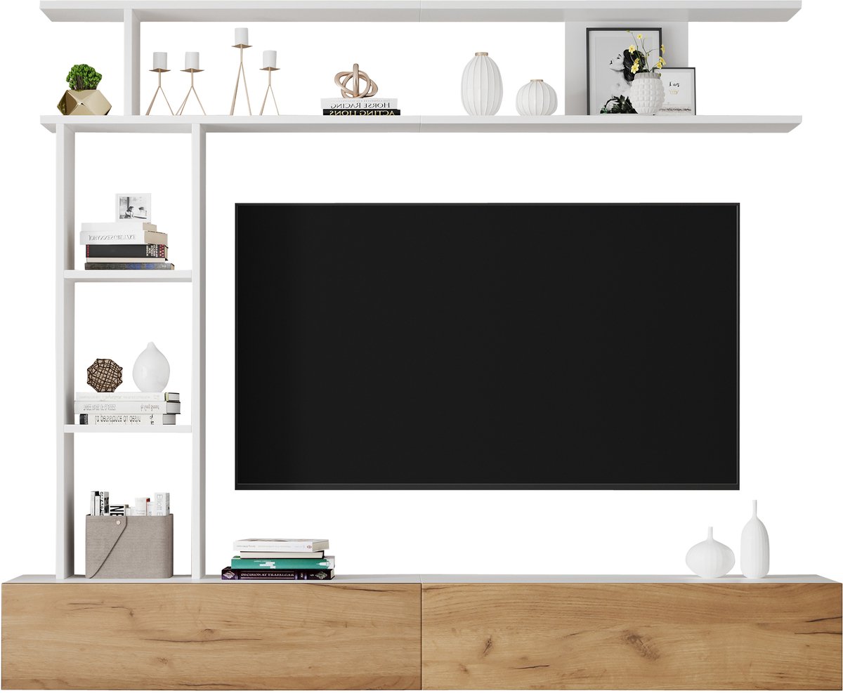 MODFU TV-meubel 180x35x22,5 cm spaanplaat, wit en eiken, hangend of staand, open vakken en klapdeuren