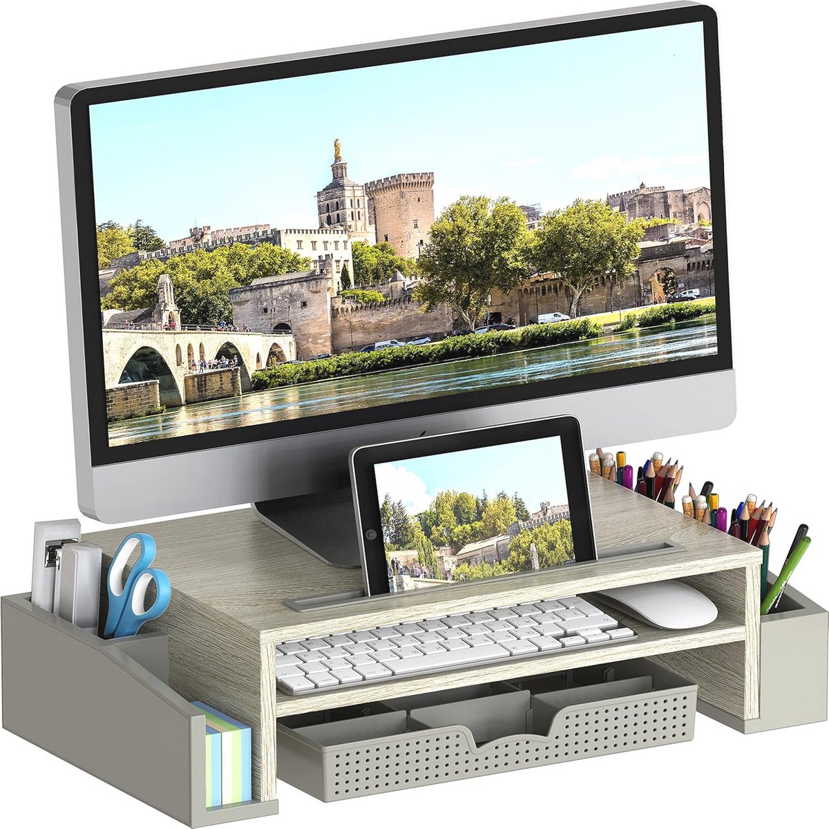 Bureau Monitor Stand Riser met Verstelbare Organizer Lade - Esdoorn