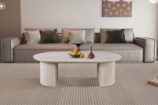 Table basse Lagos - 120x70x38cm - travertin - Rousseau - Tables basses ovales - Beige - MDF - Tables basses ovales