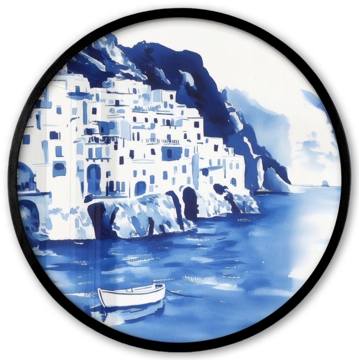 FrameYourWall Poster in lijst Rond - Fotolijst 40x40 cm - Posters - Dorp - Rotswand - Roeiboot - Water - Ronde posterlijst zwart - Decoratie - Wanddecoratie woonkamer - Muurdecoratie slaapkamer Dorp - Water - Roeiboot