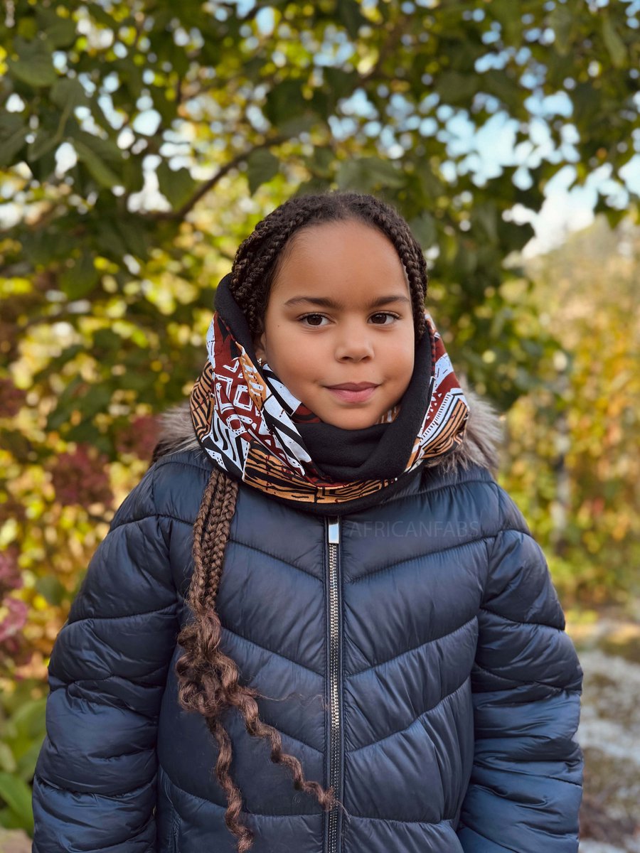 Warme Winter Colsjaal voor Kinderen met Afrikaanse print Unisex - Bruine mix bogolan - Winter sjaal / Fleece sjaal / Afrika print
