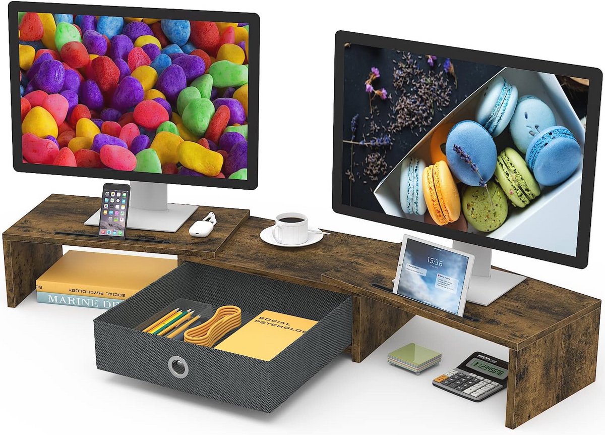 Dual Monitor Stand Riser met Tray – 3 Laags Computer Monitor Riser met Verstelbare Lengte en Hoek – Desktop Monitor Stand Riser Organizer