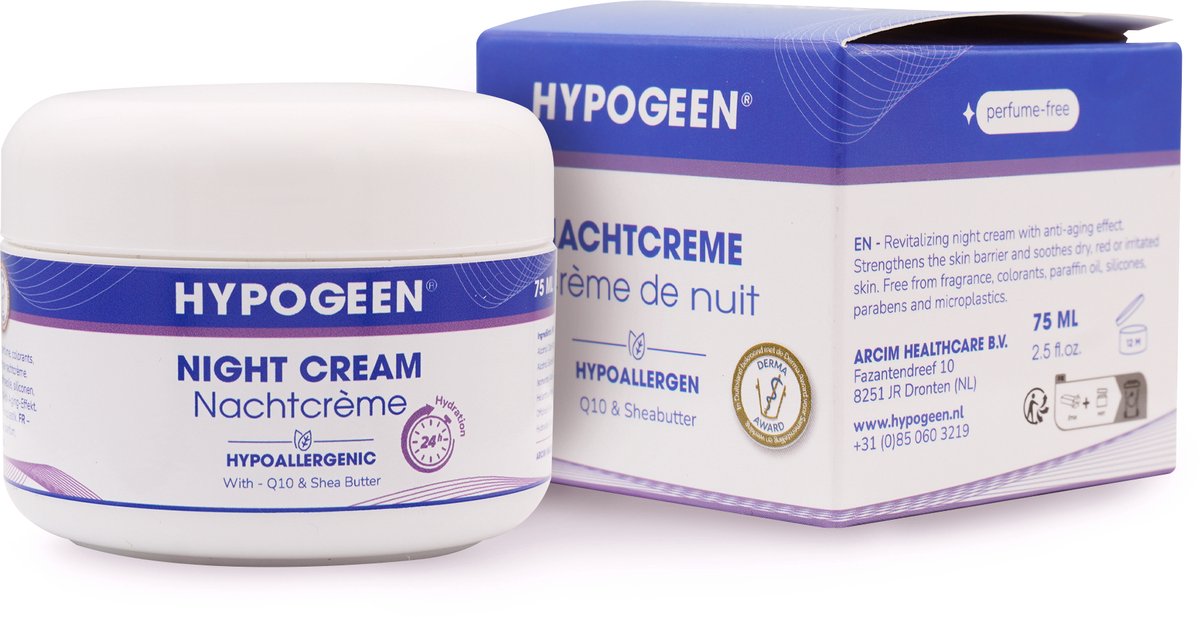 Hypogeen Nachtcrème 75ml – Hydraterende Crème met Hyaluronzuur, Squalaan & Q10 – Voor een Gladde en Stralende Huid – Vrij van Parabenen, Parfum en Siliconen – Hypoallergeen & pH-neutraal – Voor Gevoelige en Droge Huid