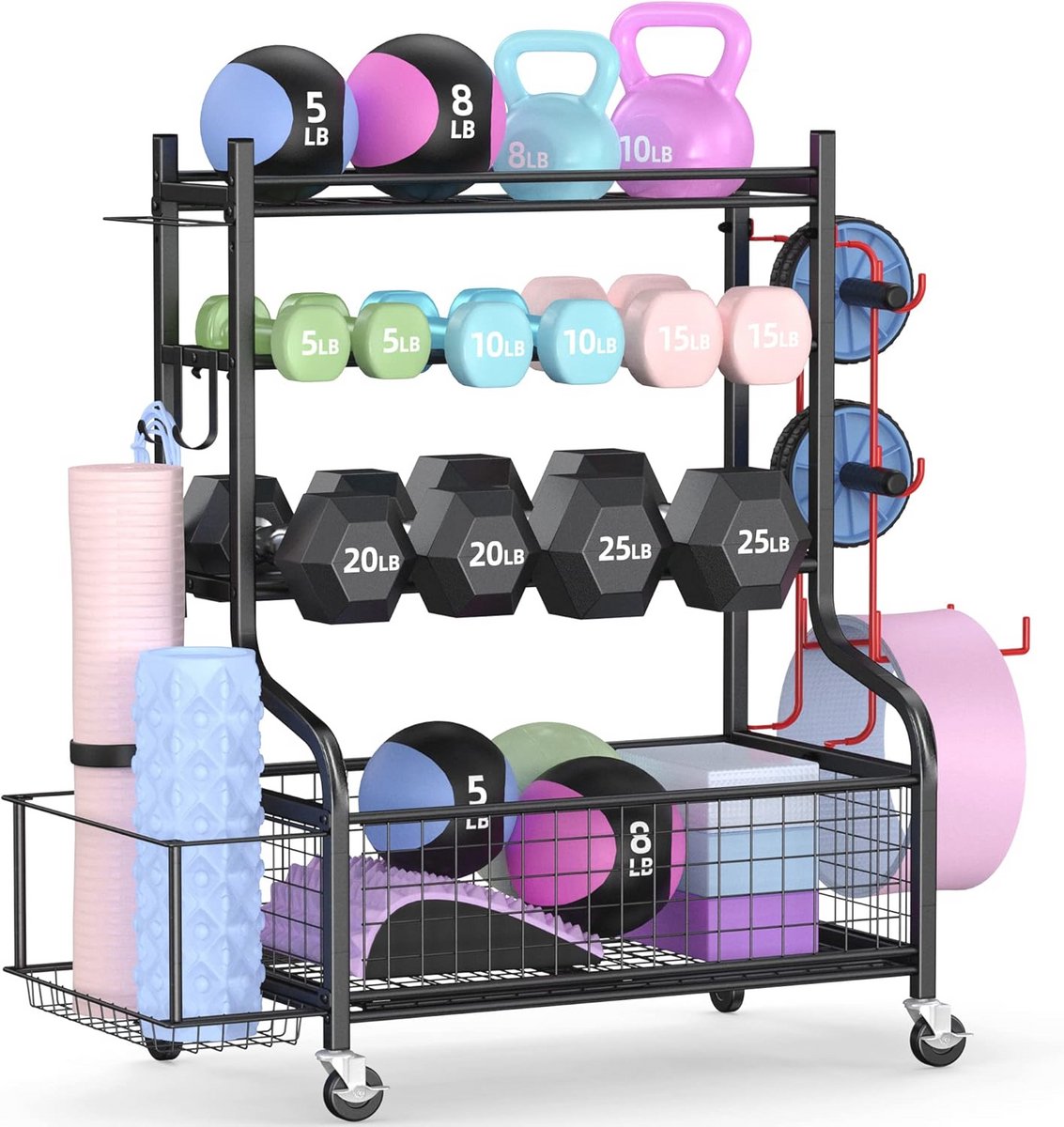 Multifunctioneel Halterrek voor Halters, Yogamat, Kettlebell en Fitnessaccessoires in Gepoeerd Staal met Haken en Wieltjes