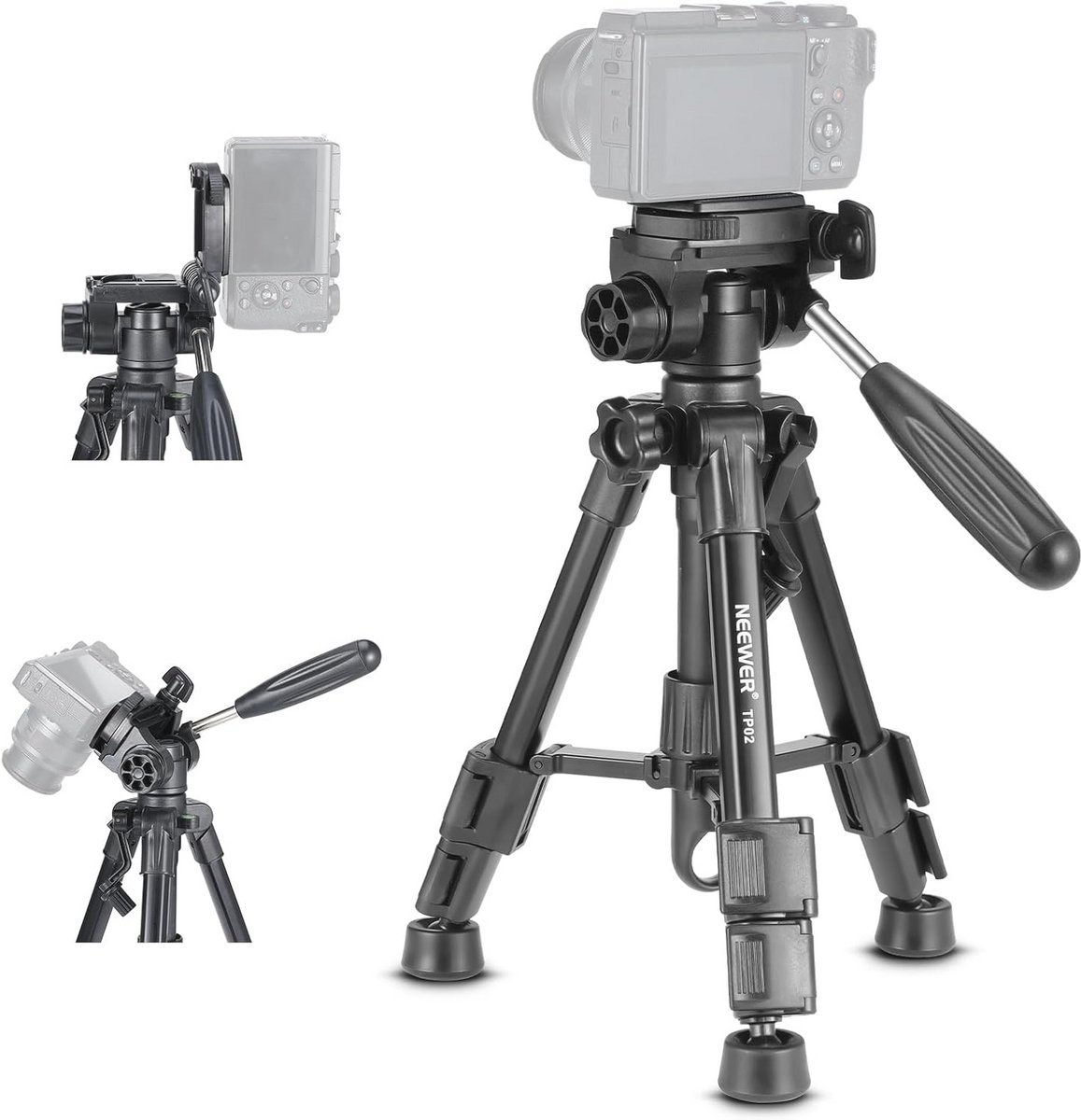 Compact mini tafelstatief voor camera met 3-weg kop en handgreep - Draagbaar en lichtgewicht voor vlog en video-opnames
