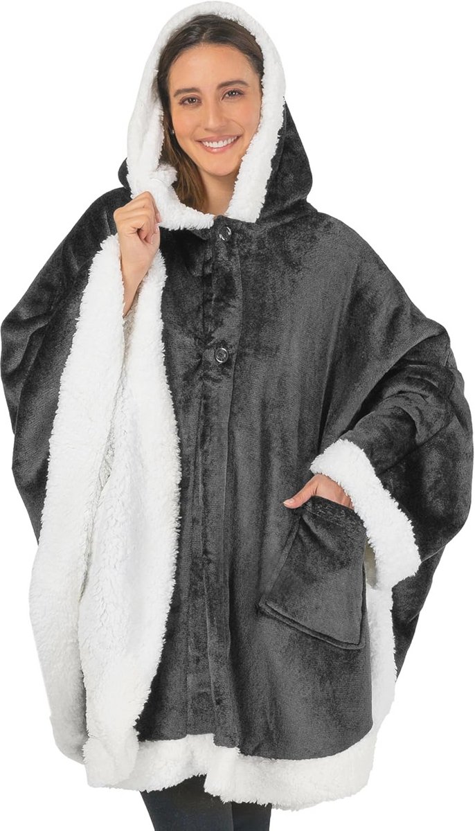 Dames Hoody Dekentje, Draagbare Plaid, Cozy Poncho, Bedsprei voor Volwassenen, Pluche Sherpa Fleece Cape, Sjaal, Grijs, Sherpa