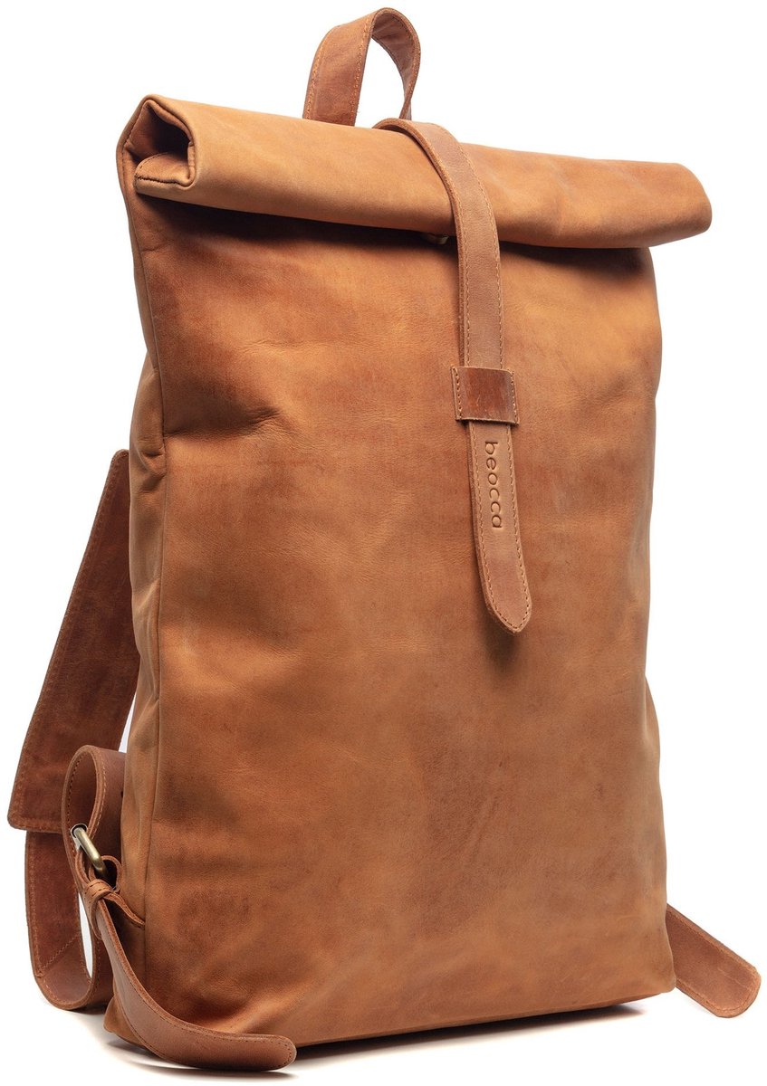 Beocca Mavis Leren Rugzak met 15 inch Laptopvak - Rugtas van Plantaardig Gelooid Leer - Handgemaakt - YKK Rits - Minimalistisch - Inclusief Leren Etui - Cognac