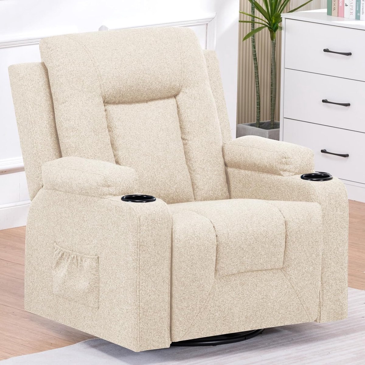 COMHOMA Stoffen Relaxstoel - Met Verstelbare Rugleuning en 360° Draaibaar - Beige