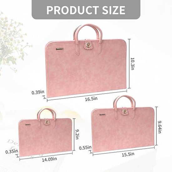 Productafmetingen van roze laptop sleeves in drie maten: 16.5x10.3in, 14.09x9.2in, en 15.5x9.64in.