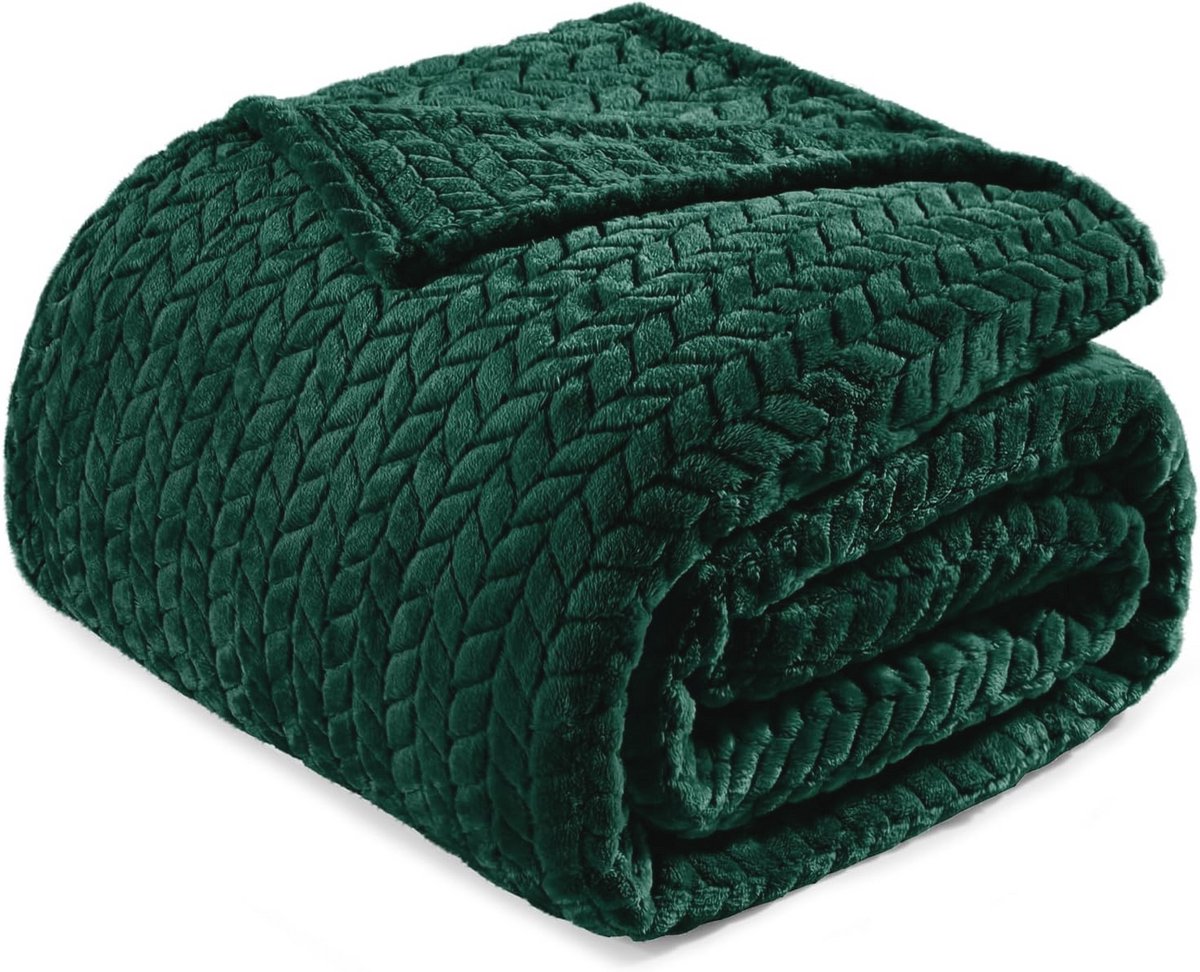 Koningin Size Flanel Fleece Deken 230x230 CM - Zacht Jacquard Bladeren Patroon - Bosgroene Pluche Bed Deken