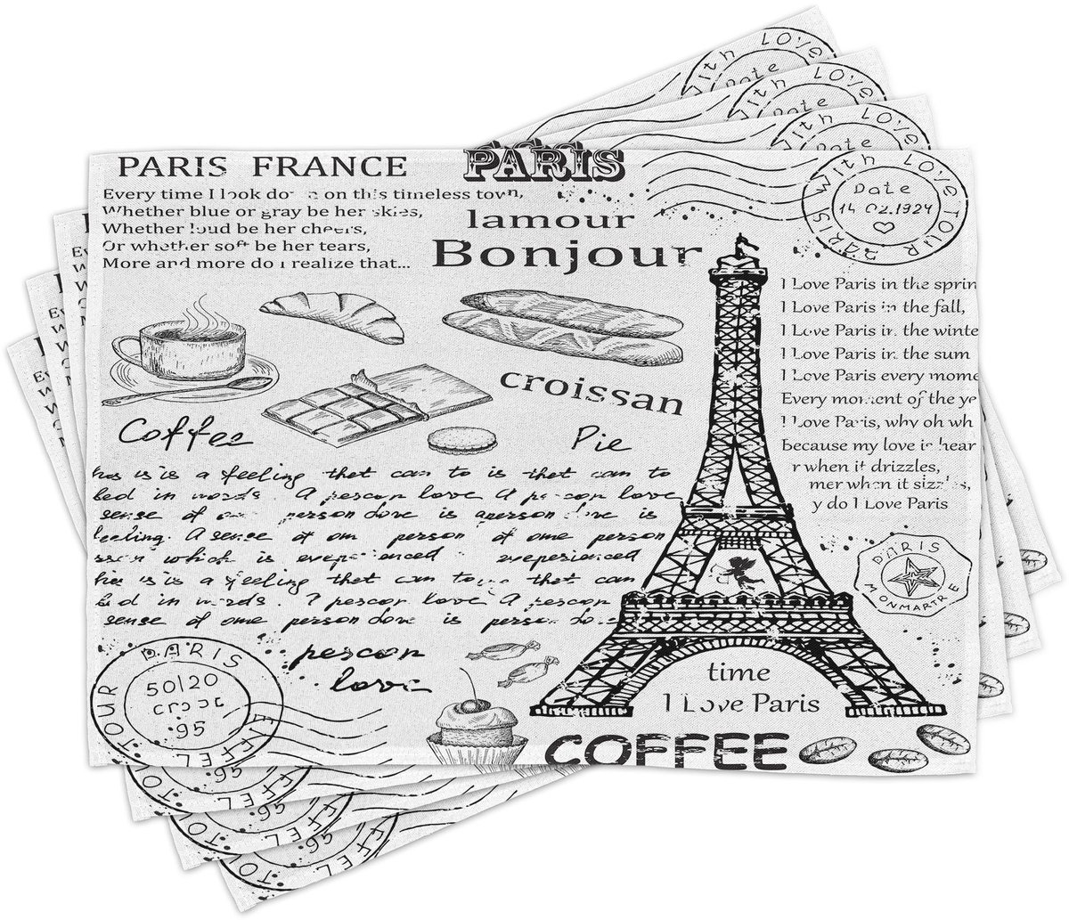 ABAKUHAUS Parijse placematten - Traditionele Parijse motieven: Bonjour, Croissant, Koffie, Eiffeltoren - Print op kleurvaste stof, tafeldecoratie voor eetkamer en keuken, Wit/Zwart