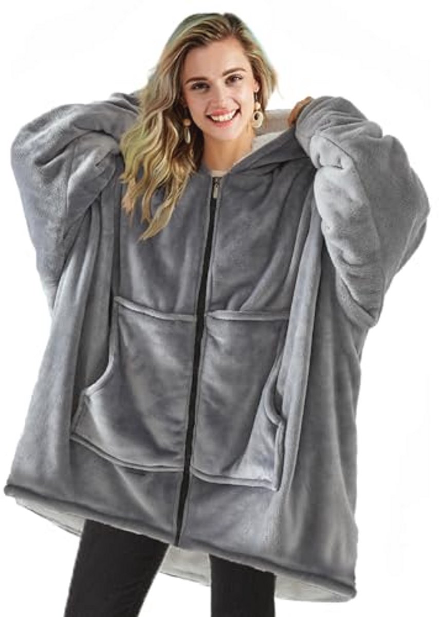 Oversized geruite hoodie met ritssluiting voor dames en heren - Sherpa-fleece in Grijs, One Size