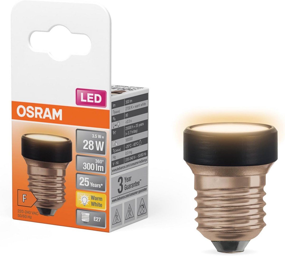 LED Lamp 3,5 W (28W vervanger), 300lm, 2700K warm wit, E27, niet dimbaar, 35 mm diameter