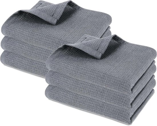 Set de 6 Torchons Absorbants en Coton avec Motif Gaufré - Séchage Rapide & Durable - 45 x 70 cm - Grijs