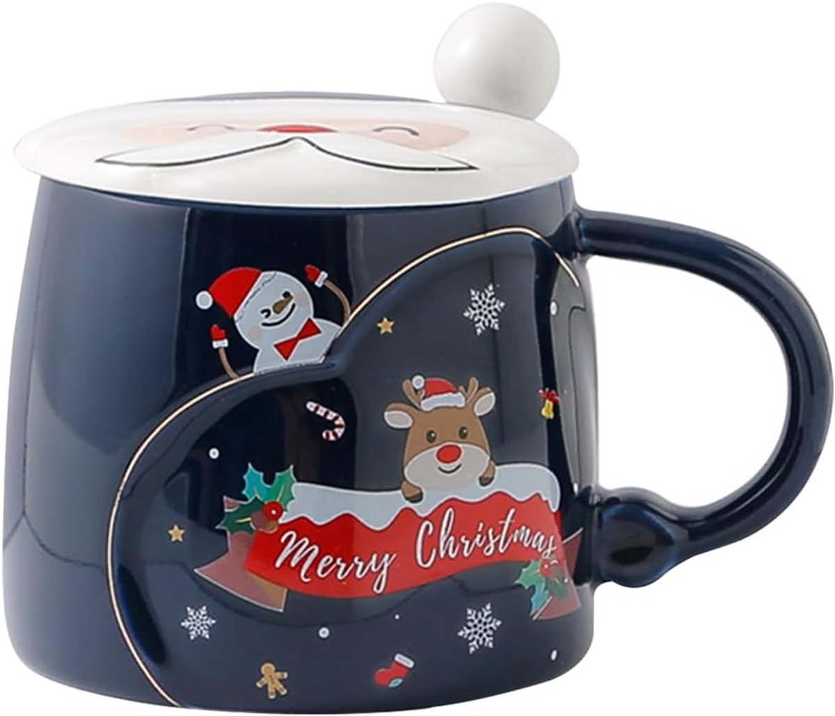 Coffee Mug - Keramische Theekop - Kerstmis - Cadeau met Deksel - 410 ml (Blauw)
