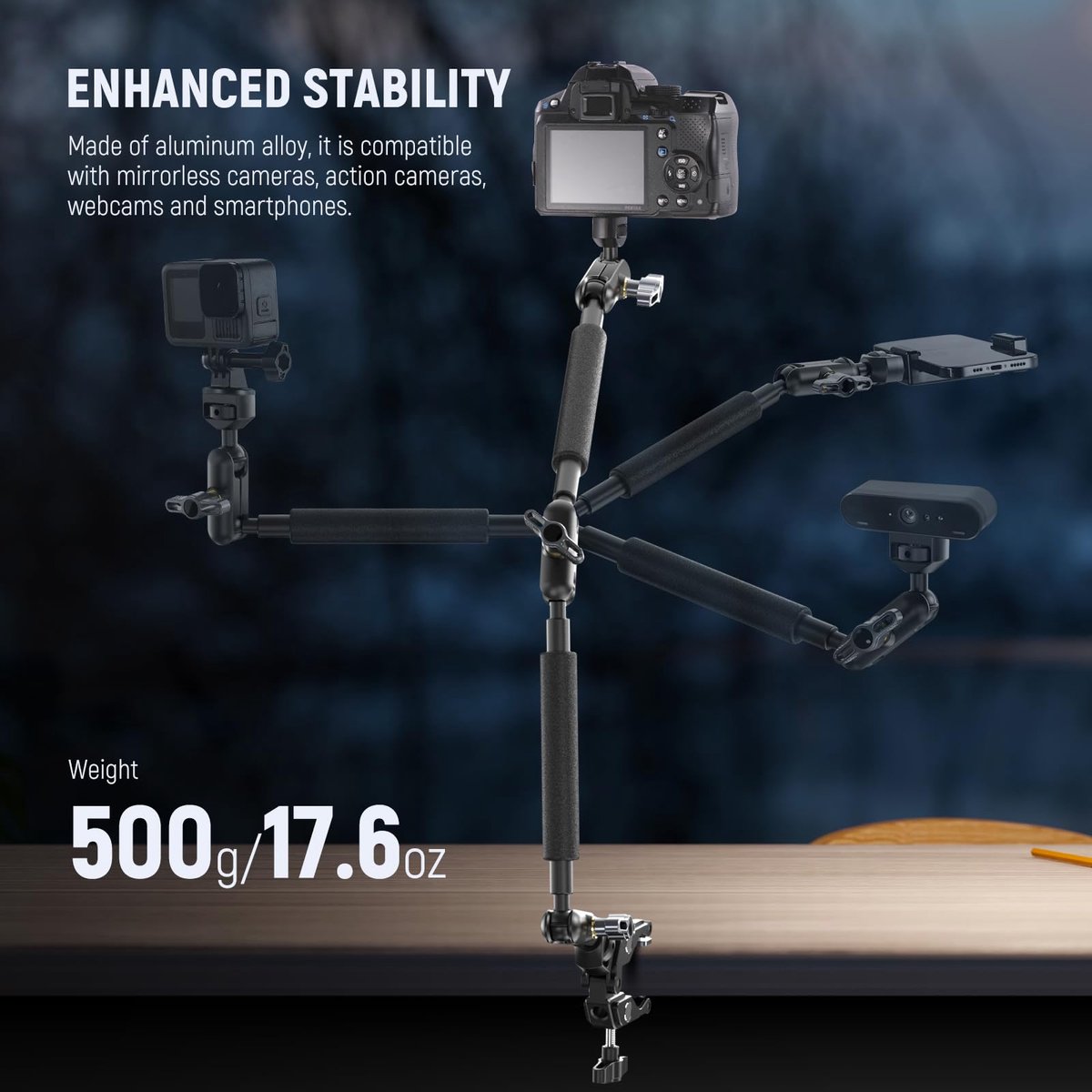 Unyqoos® Flexibele montage arm voor camera en smartphone met universele klem en kogelkop