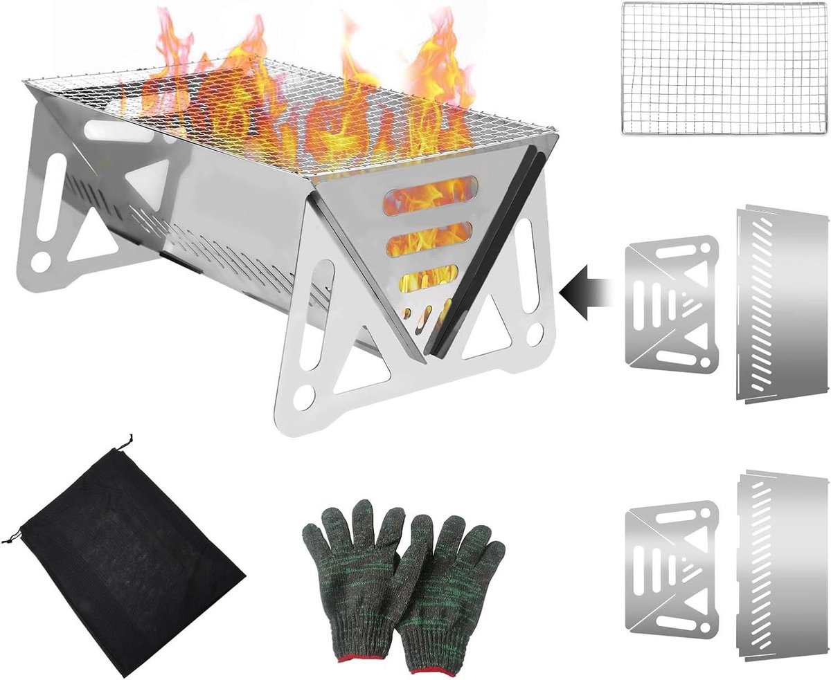 CSGoods - Draagbare vuurplaats voor camping, opvouwbare roestvrijstalen vuurkorf met draagtas en handschoenen, mini-mesh barbecue vuurschaal open haard met eenvoudige montage en reiniging.