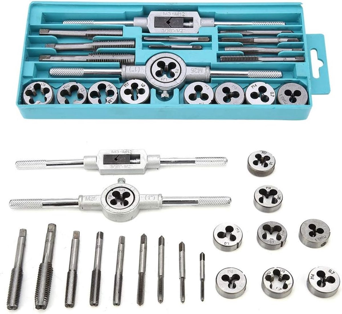 20pcs Taps and Dies Set M3~M12 - Draad - Tap Wrench - Die Wrench - Handgereedschap met Complete Accessoires en Opbergdoos voor Snijden van Externe en Interne Draad