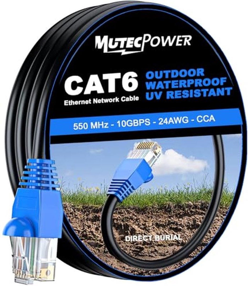 MutecPower 15m CAT6 ethernet netwerkkabel voor buitengebruik - Direct Burial waterdicht, UV- en weerbestendig - UTP - CCA - 250 MHz - 15 meter kabel zwart met kabelbinders