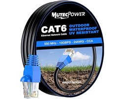 MutecPower 15m CAT6 ethernet netwerkkabel voor buitengebruik - Direct Burial waterdicht, UV- en weerbestendig - UTP - CCA - 250 MHz - 15 meter kabel zwart met kabelbinders