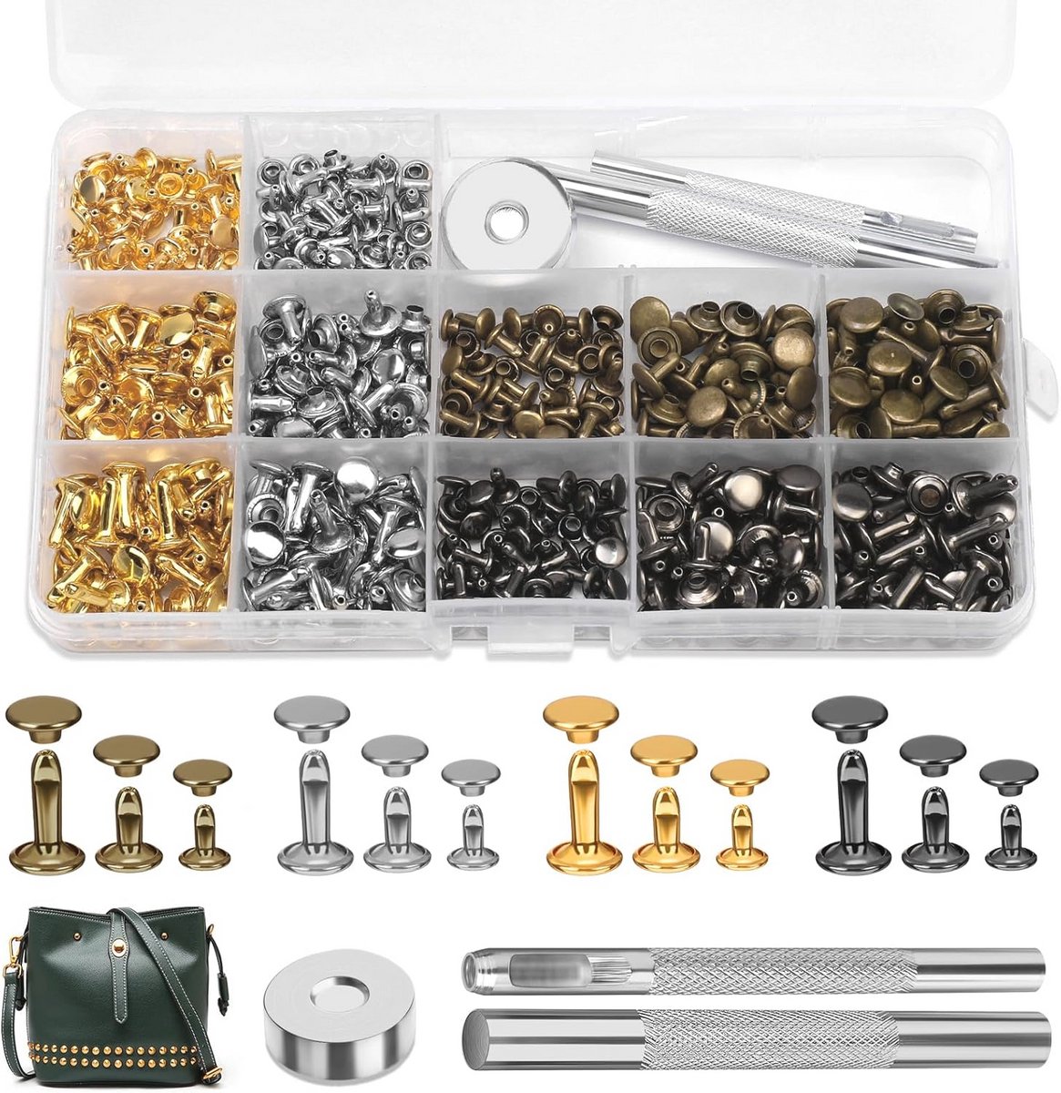Set van 180 Leren Klinknagels met Gereedschap - Dubbele Kapklinknagels voor Lederhandwerk - DIY en Reparaties