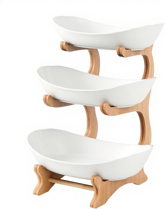 Diealles Shine Corbeille à Fruits 3 Étages Céramique Et Bois - Panier à Fruits Et Légumes Stable - Design Élégant Pour Cuisine Moderne
