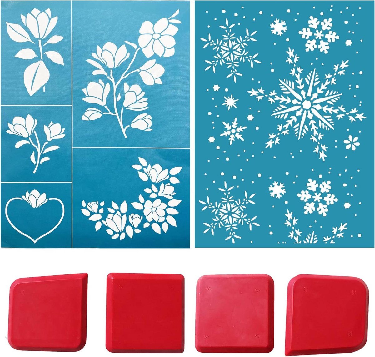 Allecta - Herbruikbare zelfklevende zeefdruksjabloon voor DIY decoratie - Sneeuwvlok bloementhema mini-rakel - T-shirt stoffen tas