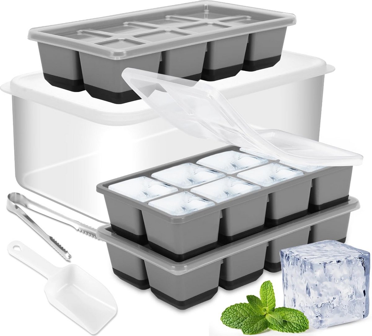 Grote ijsblokjesvorm met container - Set van 3 voor perfect ijsklontjes