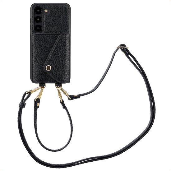Coque de téléphone noire avec porte-cartes et un cordon séparé avec mousquetons.